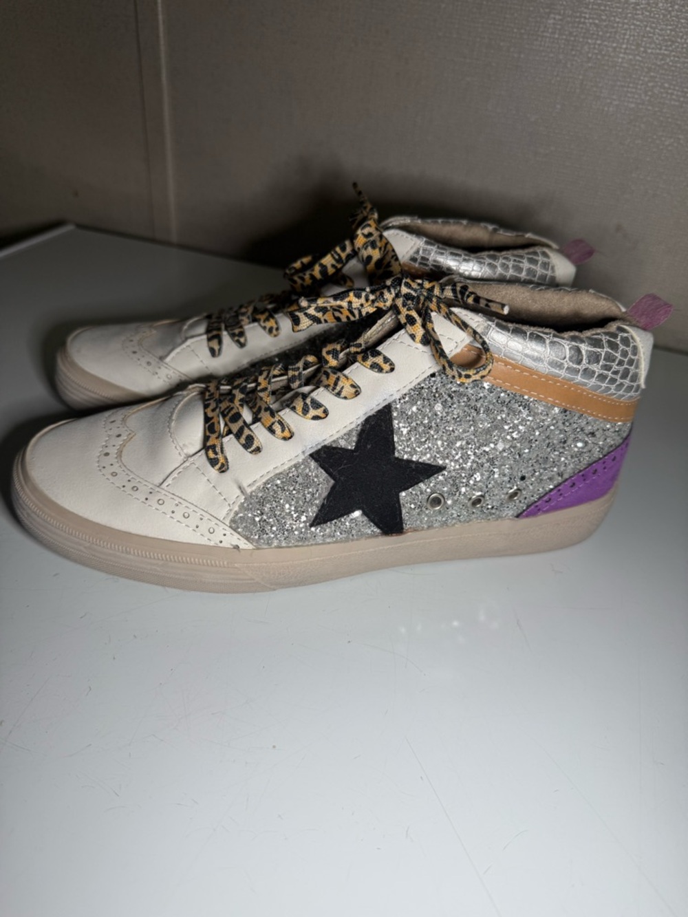 Ina Cream Glitter Star High-Top Sneakers with Black Star & Purple Accent